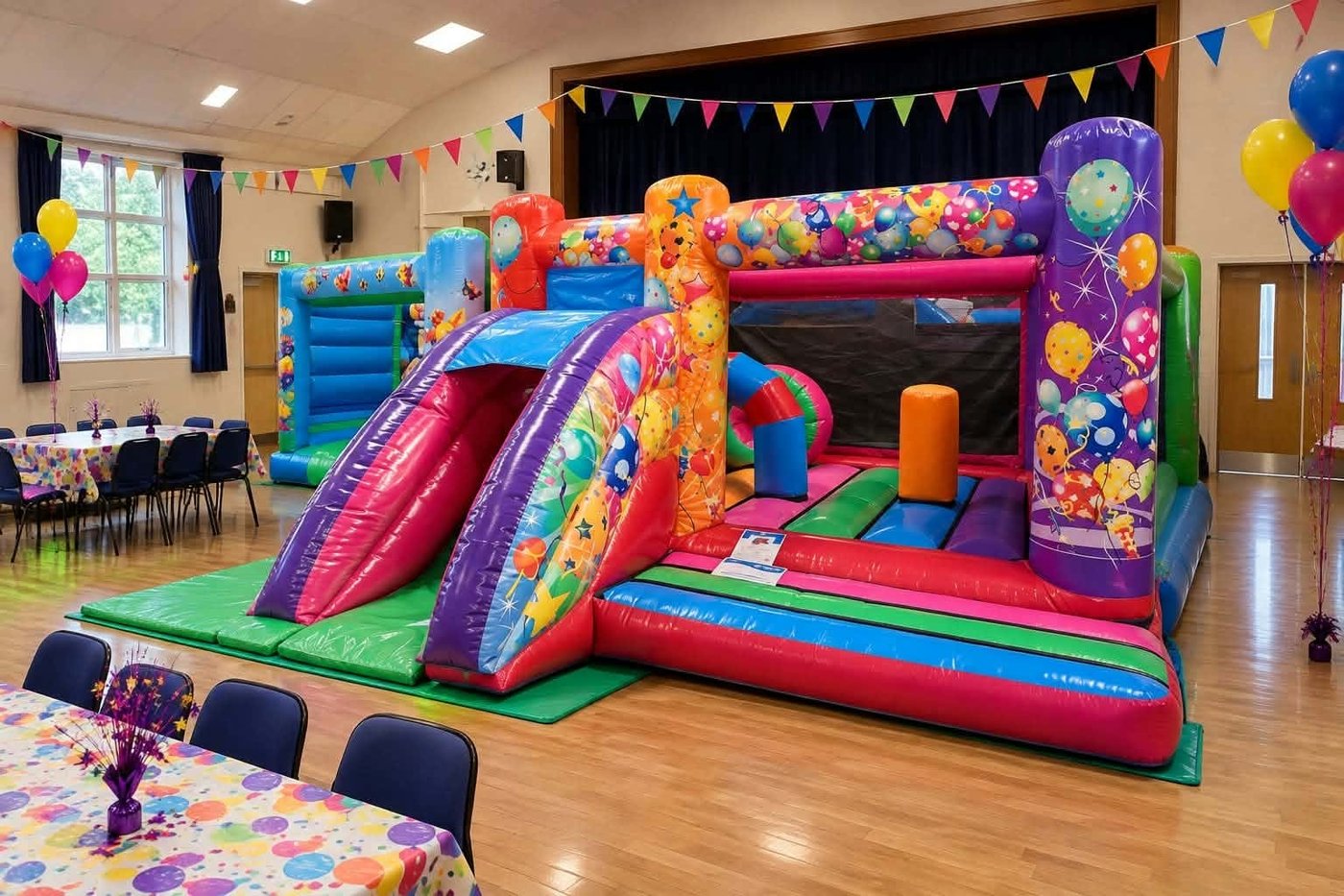 Combi castle with slide set up in a village hall