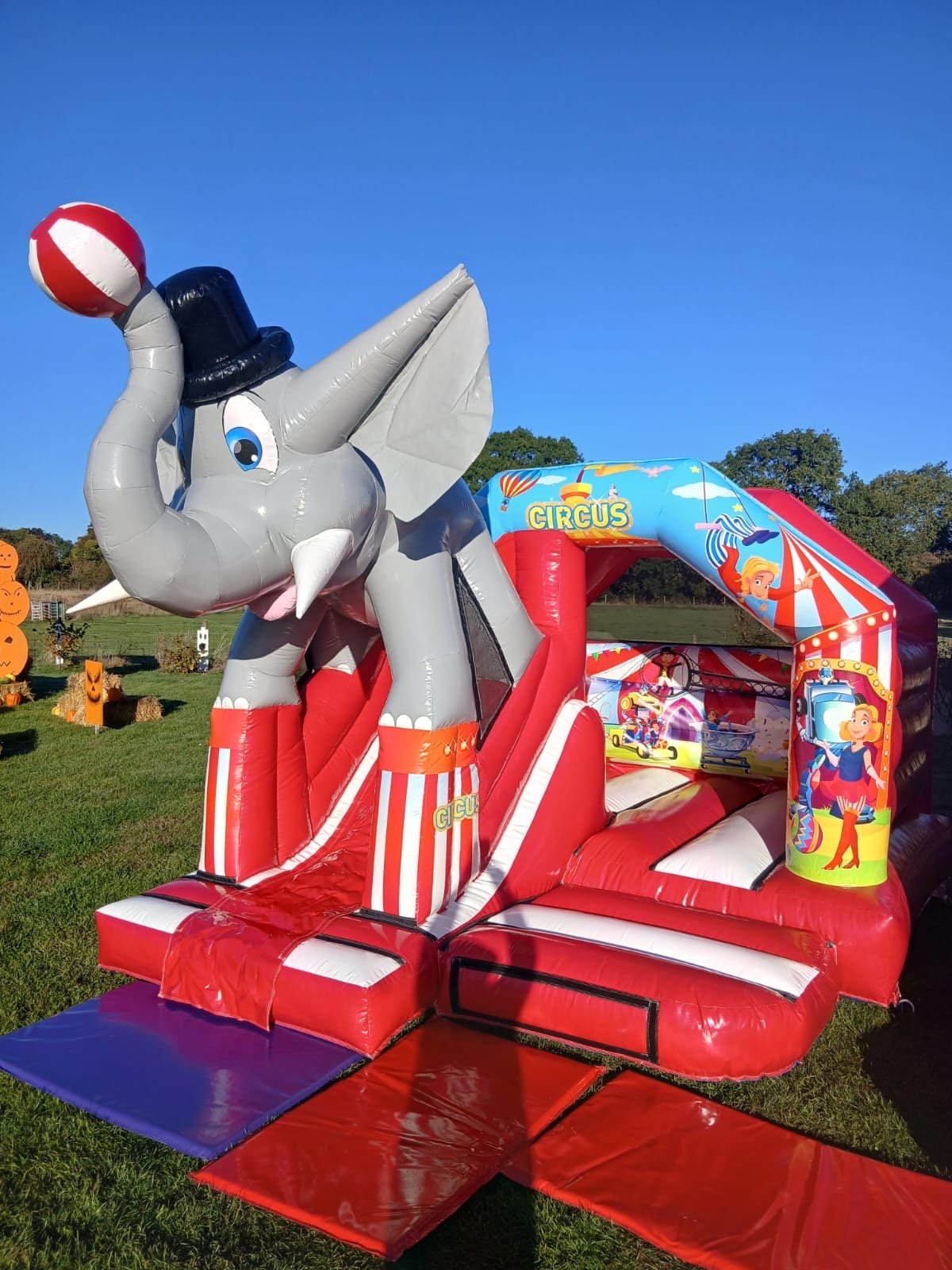 Elephant Circus castle with slide, red and white stripes
